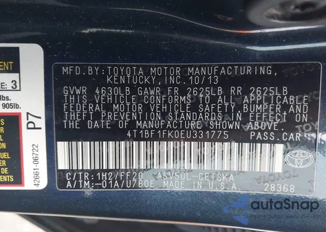 2014 Toyota Camry Se from USA, damaged, VIN 4T1BF1FK0EU331775